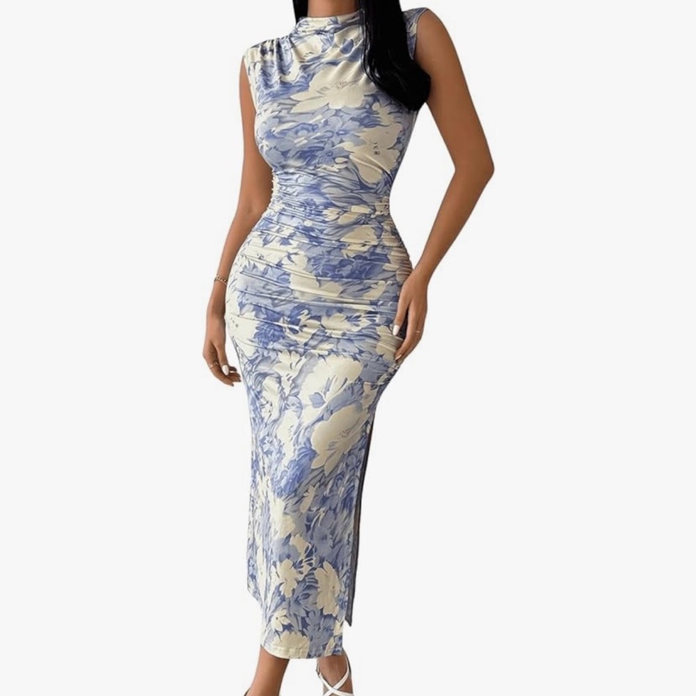 Floral Blue and Cream Midi Dress